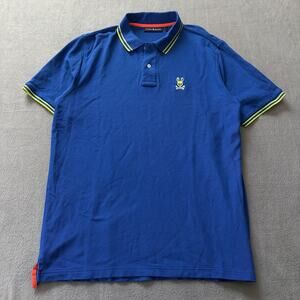 Psycho Bunny Blue Short Sleeve Polo Shirt Bunny Skull Logo Green Trim Size 7